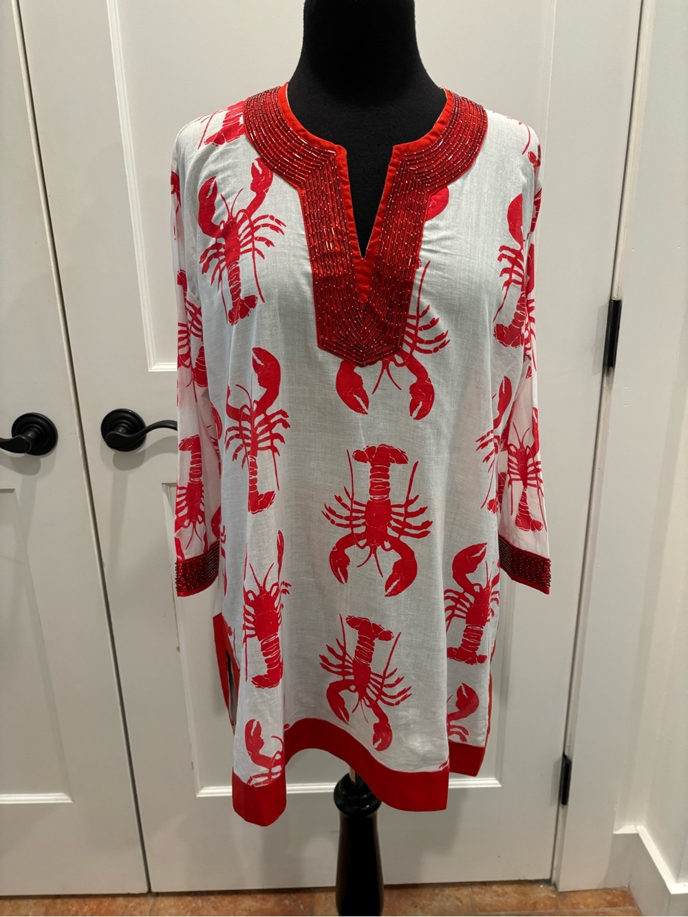Barbara Gerwit Beaded Lobster Tunic White Red White Womens M Coastal Lobster - Picture 11 of 15